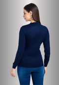 Women's Solid Navy Blue Round Neck Knitted Cardigan