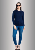 Women's Solid Navy Blue Round Neck Knitted Cardigan