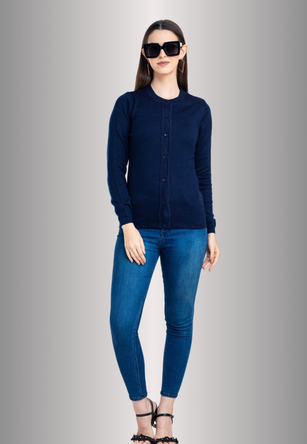 Women's Solid Navy Blue Round Neck Knitted Cardigan