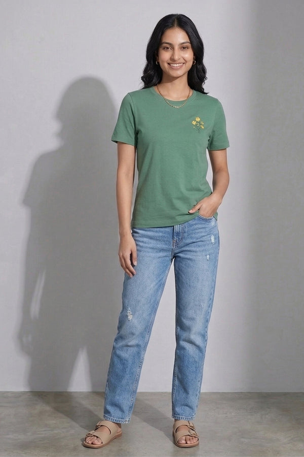 Green Crew Neck Printed T-Shirt