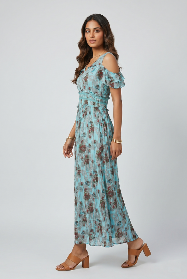 Aqua Blossom Cold Shoulder Maxi Dress