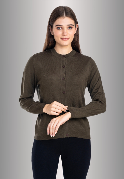 Women's Solid Olive Green Round Neck Knitted Cardigan