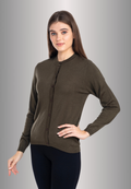 Women's Solid Olive Green Round Neck Knitted Cardigan