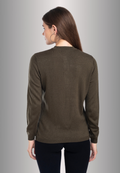 Women's Solid Olive Green Round Neck Knitted Cardigan