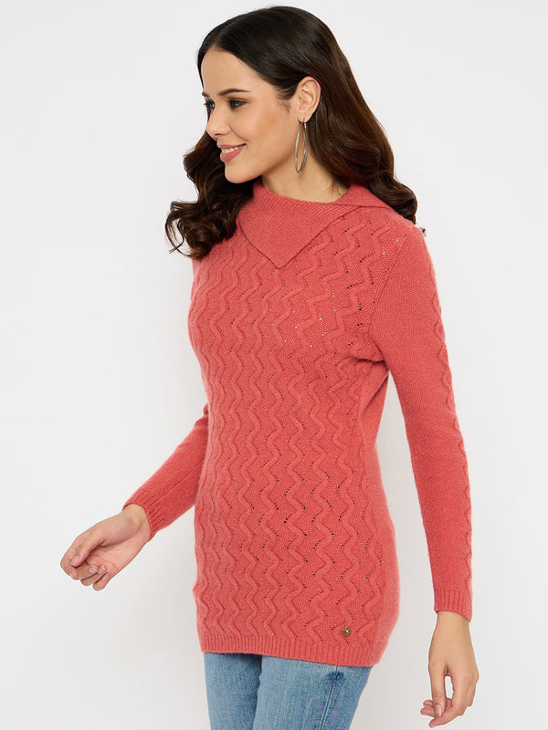 Moda Elementi Elegant Coral Knit Sweater with Zigzag Pattern