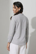 Womens Grey Pintuck Lace Detail Mandarin Collar Shirt