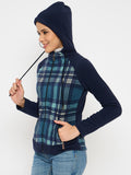Moda Elementi Stylish Navy Blue Hooded Jacket with Plaid Paneling
