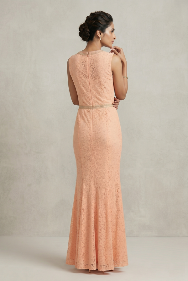 Peach Blossom Embroidered Mermaid Dress
