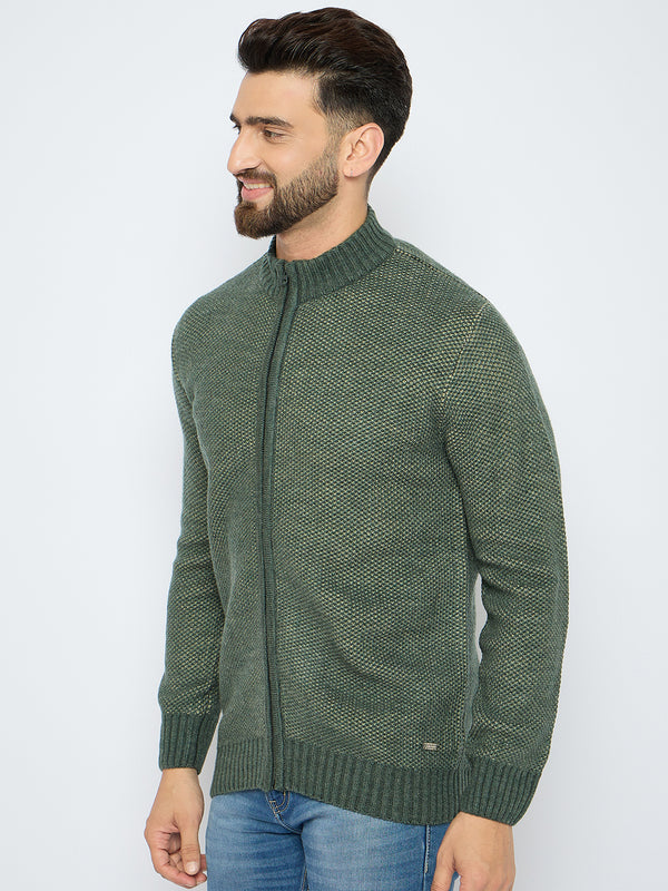 Axmann Men's Olive Green Textured Full-Zip Sweater