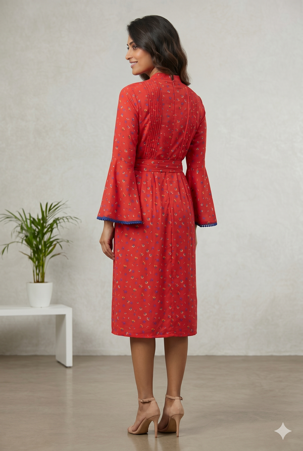 Women's Red Floral Printed Belted Midi Dress with Bell Sleeves