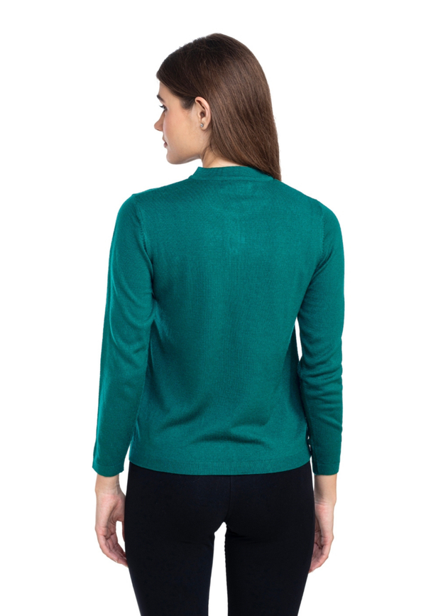 Women's Solid Teal Green Round Neck Knitted Cardigan