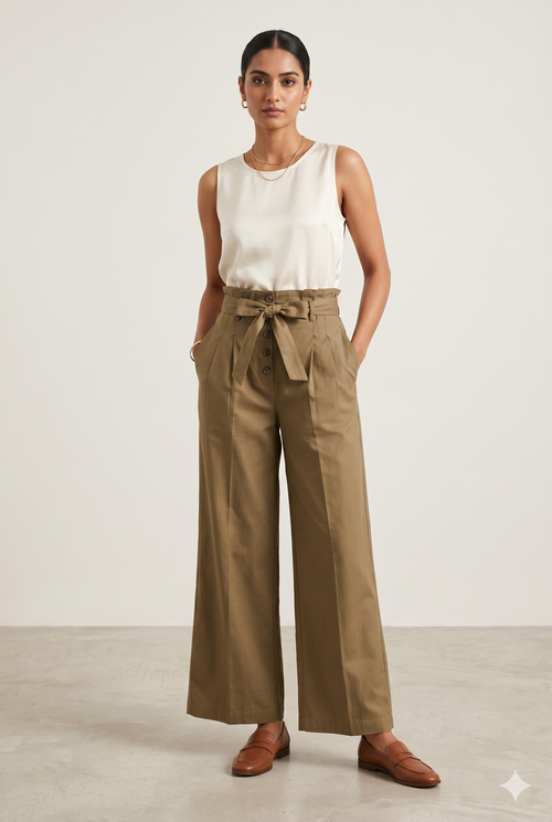 Women's High-Waist Wide Leg Palazzo Pants with Tie-Up Belt