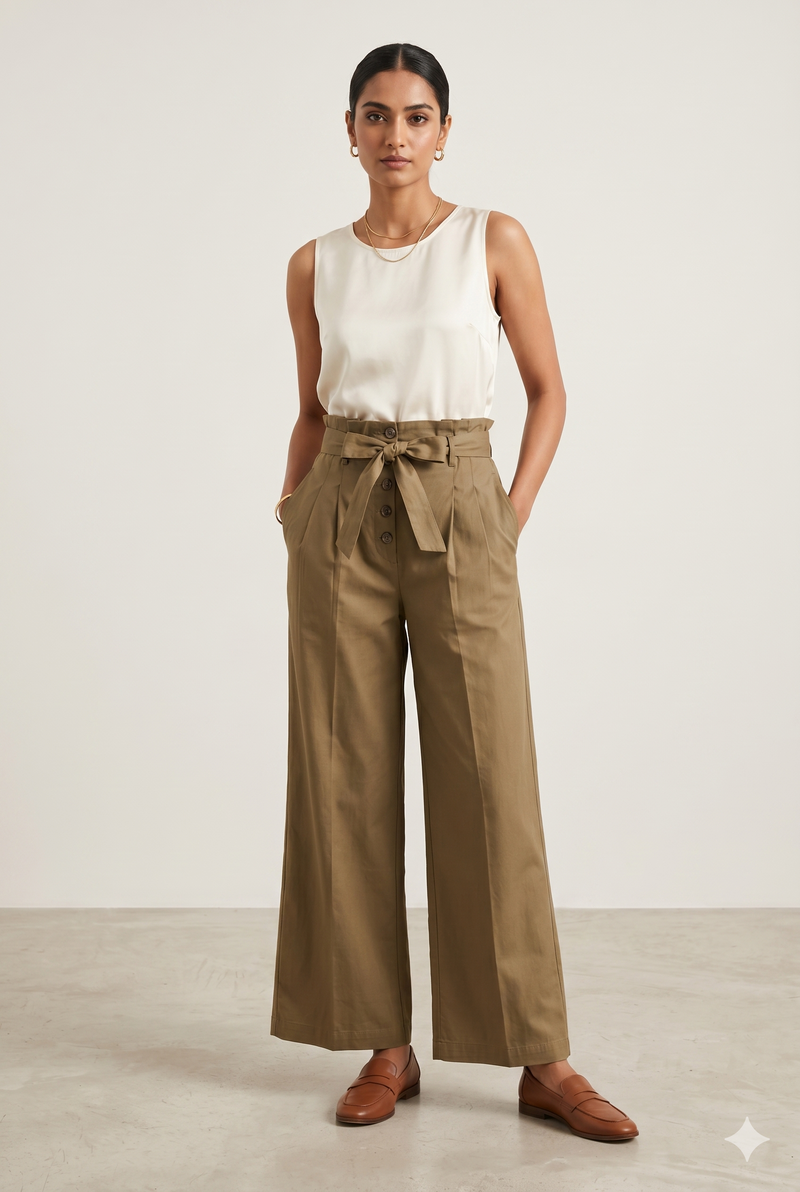 Women's High-Waist Wide Leg Palazzo Pants with Tie-Up Belt