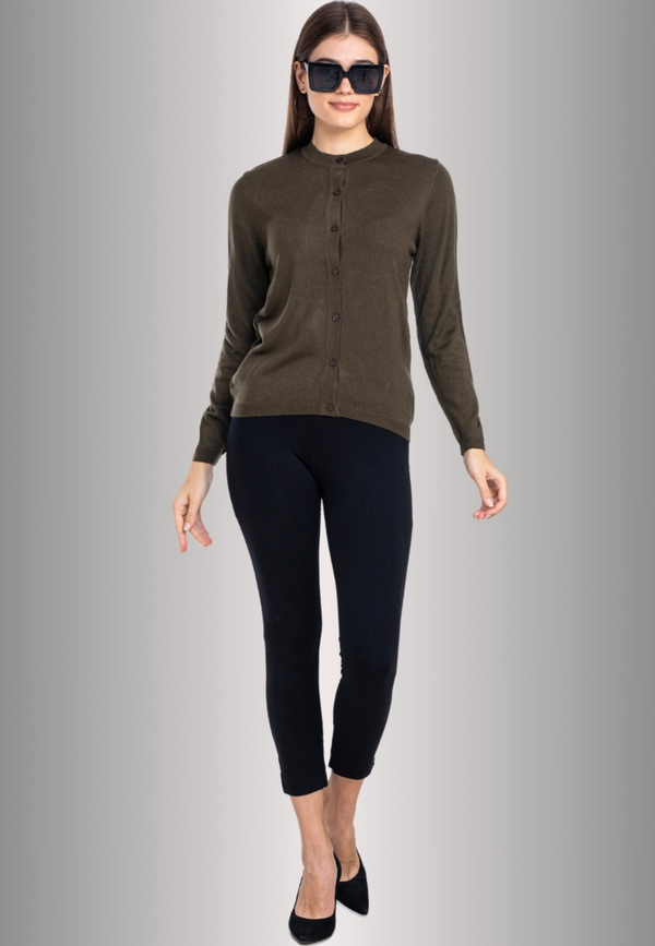 Women's Solid Olive Green Round Neck Knitted Cardigan