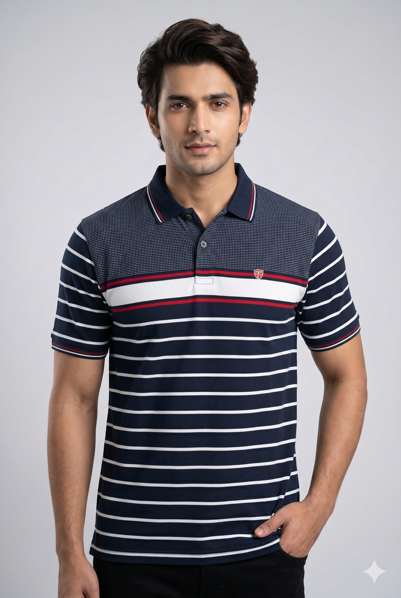 Men's Navy Blue Striped Polo T-Shirt