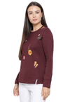 Women's Maroon Floral Embroidered Round Neck Sweatshirt