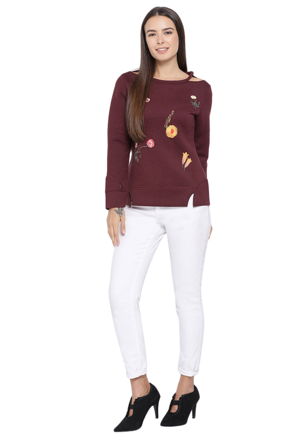 Women's Maroon Floral Embroidered Round Neck Sweatshirt