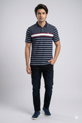 Men's Navy Blue Striped Polo T-Shirt