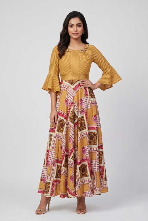 Mustard Mosaic Flared Maxi Dress