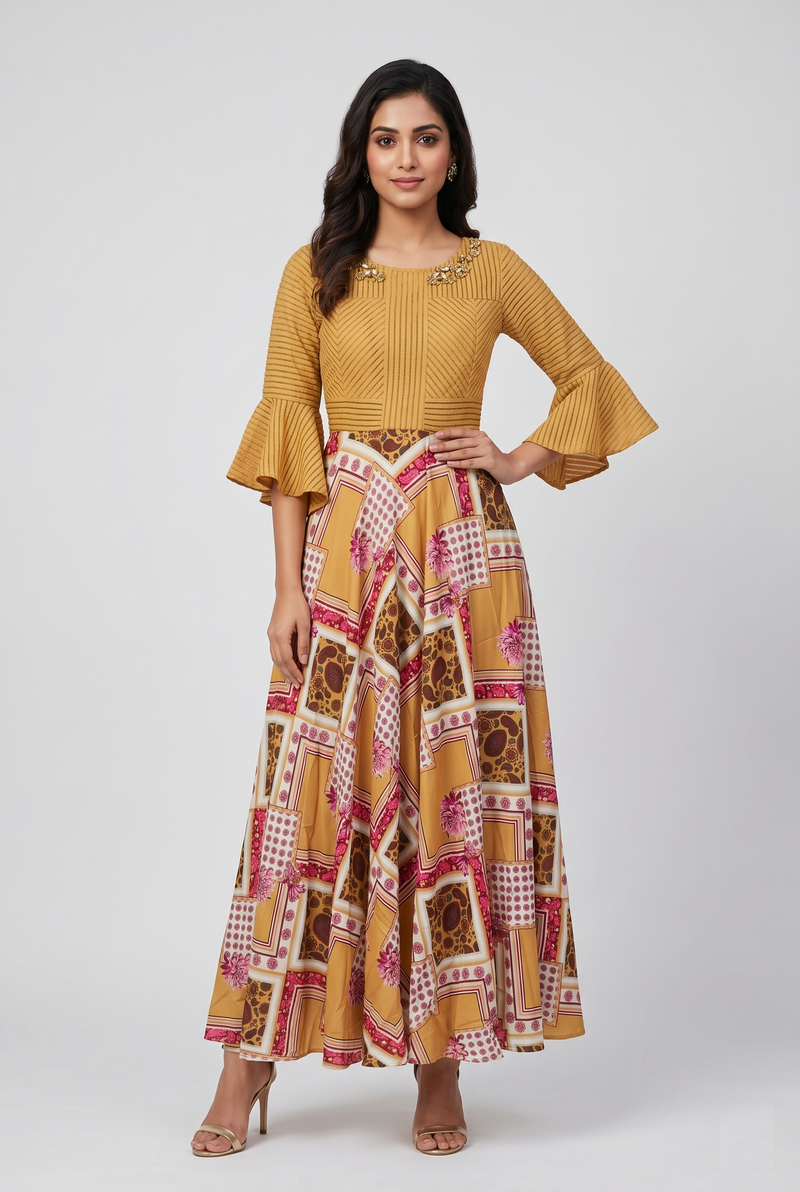 Mustard Mosaic Flared Maxi Dress