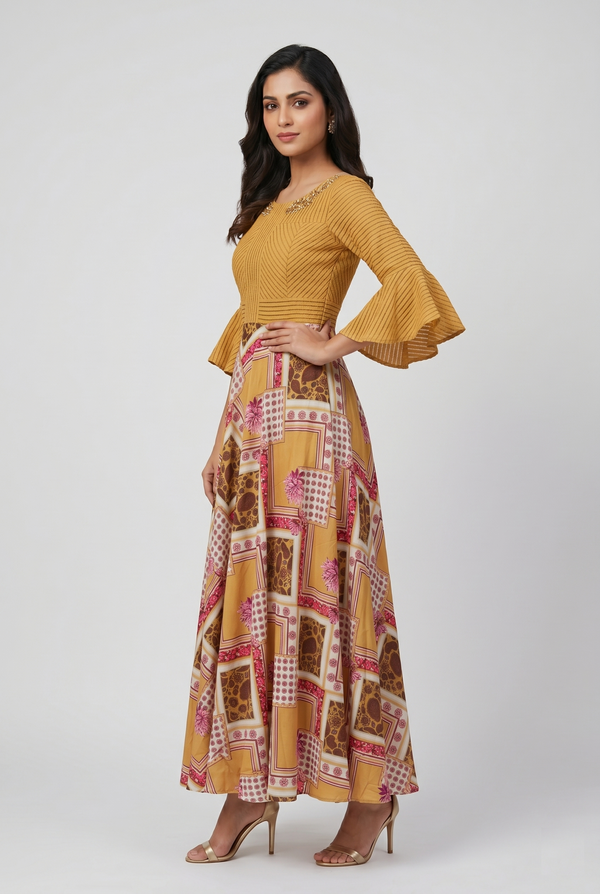 Mustard Mosaic Flared Maxi Dress