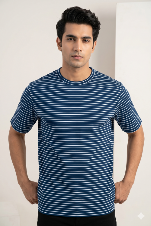 Men's Navy Blue Striped Crew Neck T-Shirt