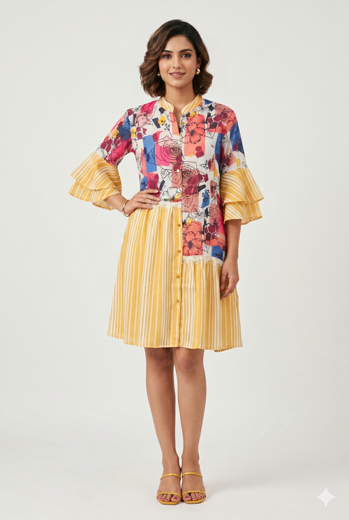 Women's Floral Patchwork Striped Shirt Dress with Bell Sleeves