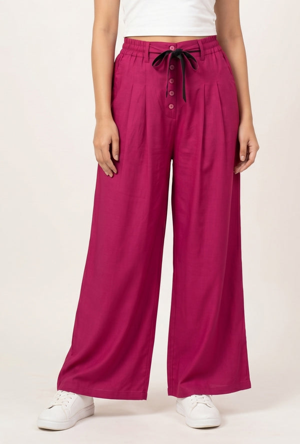 Women's Pink Wide Leg Palazzo Pants with Tie-Up Waist