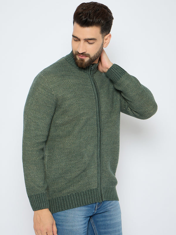 Axmann Men's Olive Green Textured Full-Zip Sweater