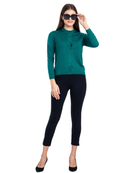 Women's Solid Teal Green Round Neck Knitted Cardigan