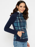 Moda Elementi Stylish Navy Blue Hooded Jacket with Plaid Paneling