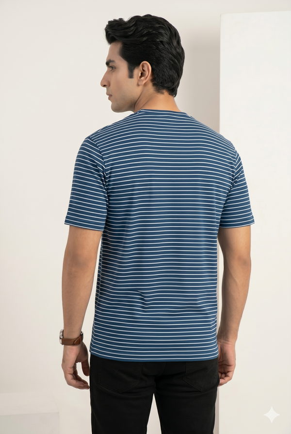 Men's Navy Blue Striped Crew Neck T-Shirt