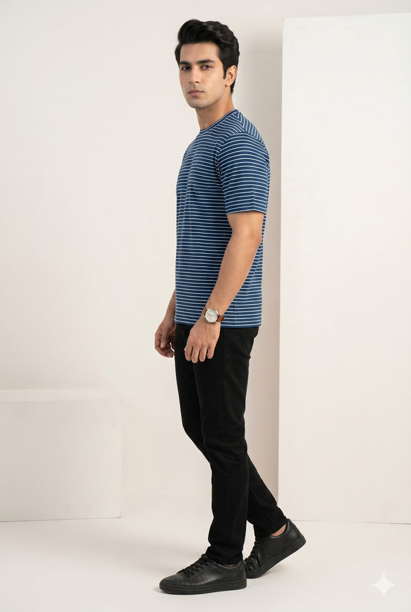 Men's Navy Blue Striped Crew Neck T-Shirt