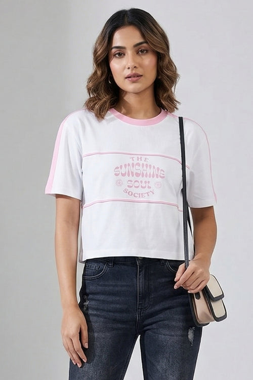 White Pink Contrast Crop T-Shirt