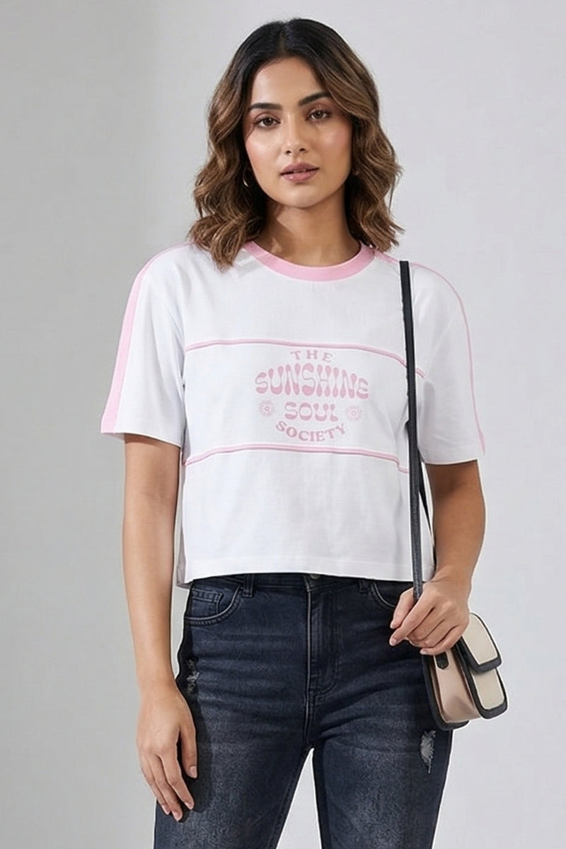 White Pink Contrast Crop T-Shirt