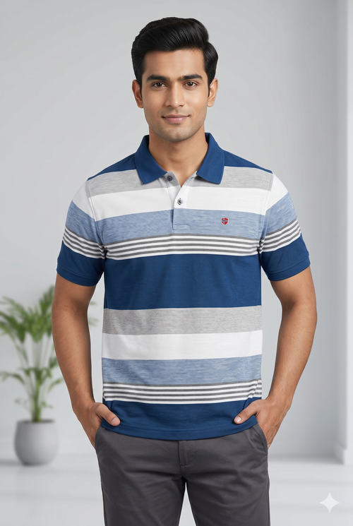 Men's Blue Multi-Stripe Polo T-Shirt