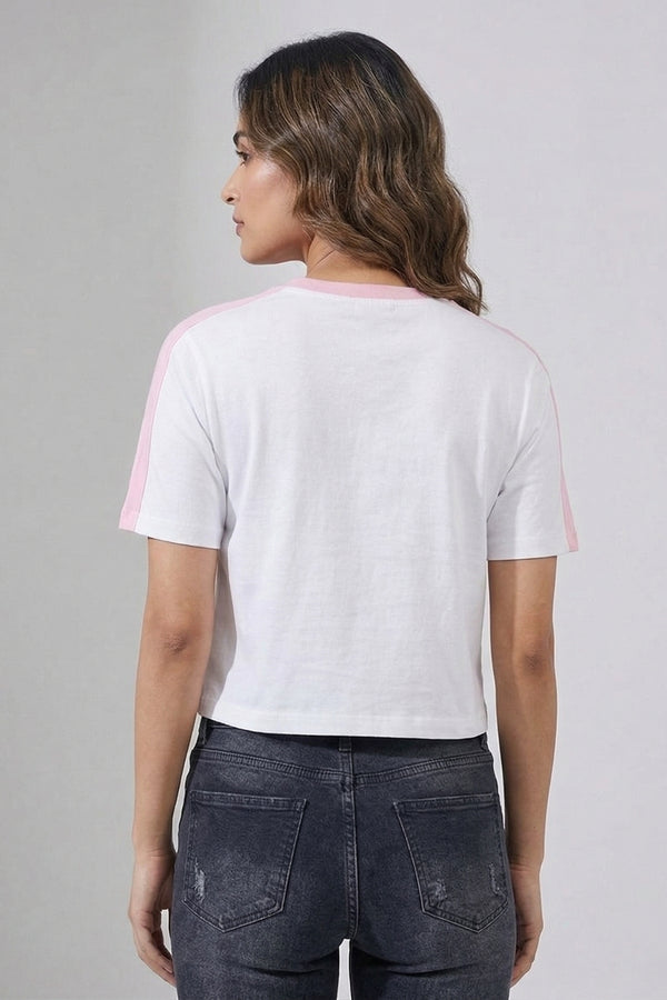White Pink Contrast Crop T-Shirt