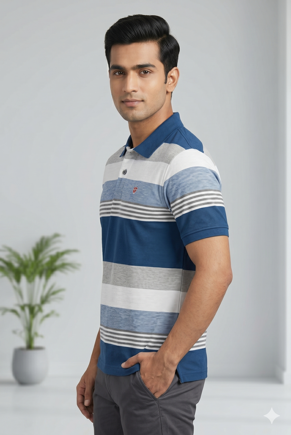 Men's Blue Multi-Stripe Polo T-Shirt