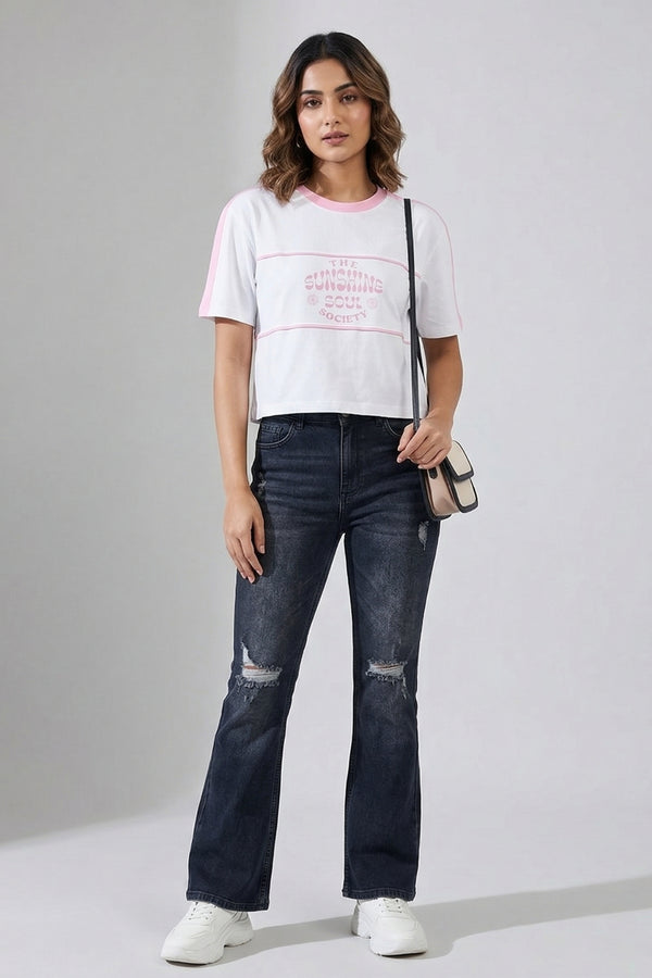 White Pink Contrast Crop T-Shirt