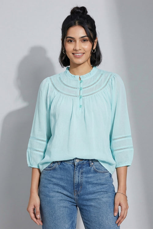 Mint Green Elegant Mandarin Collar Gathered Top