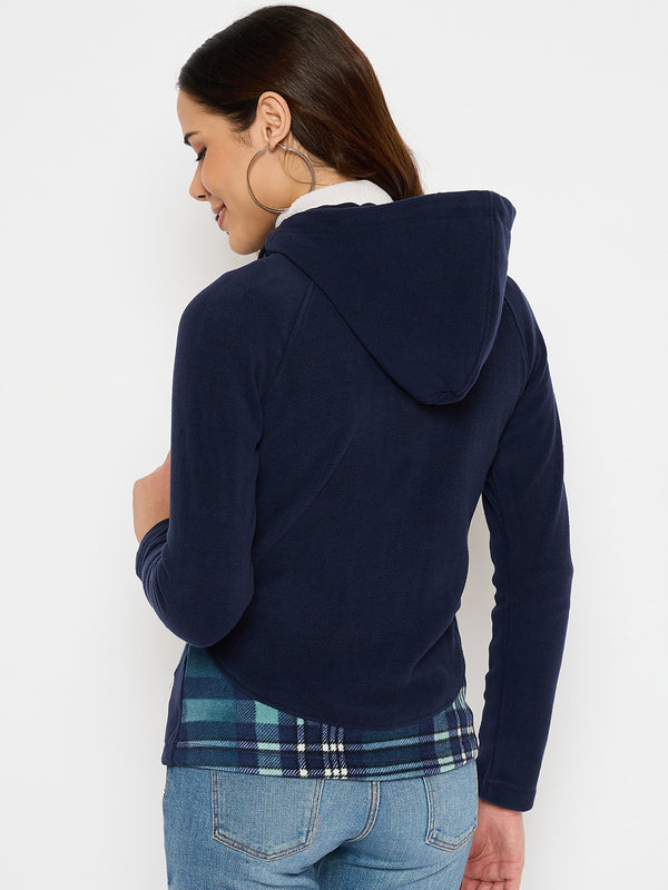 Moda Elementi Stylish Navy Blue Hooded Jacket with Plaid Paneling