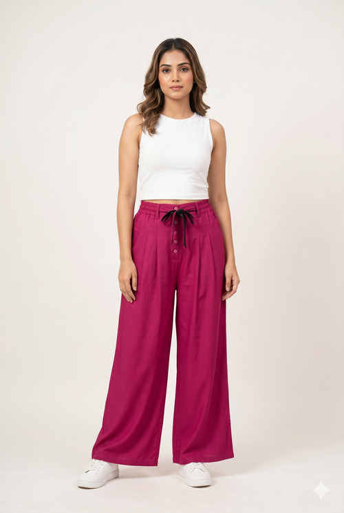 Women's Pink Wide Leg Palazzo Pants with Tie-Up Waist
