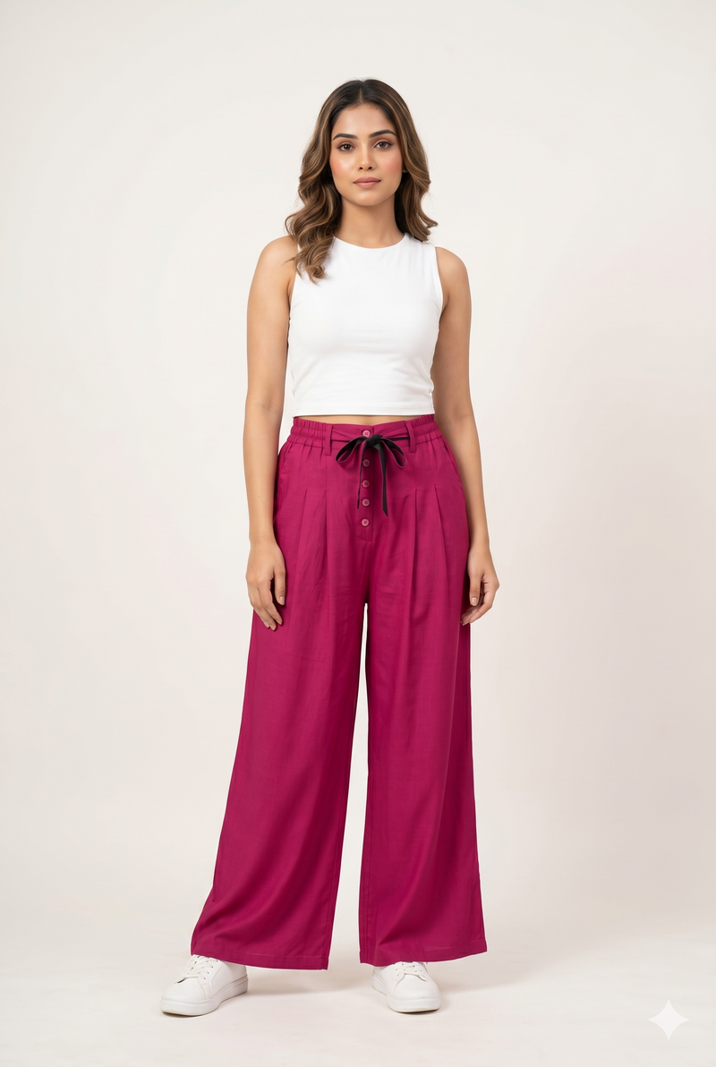Women's Pink Wide Leg Palazzo Pants with Tie-Up Waist