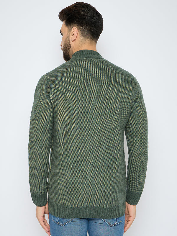 Axmann Men's Olive Green Textured Full-Zip Sweater