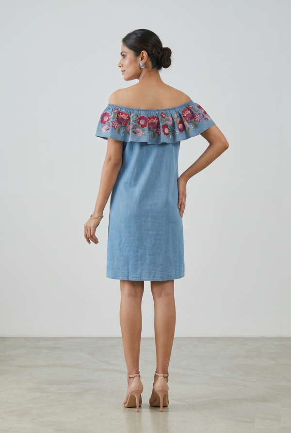 Denim Bloom Off-Shoulder Dress