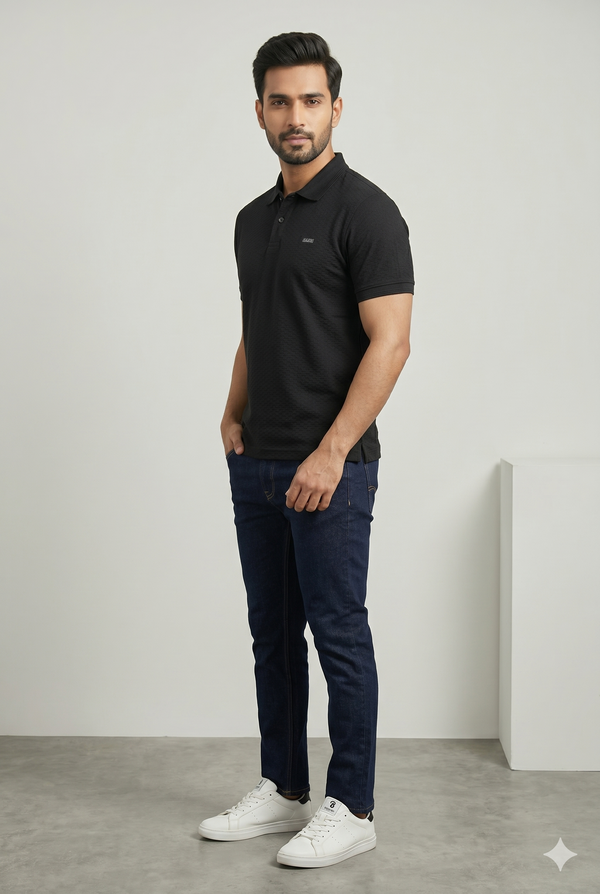Men's Black Textured Polo T-Shirt
