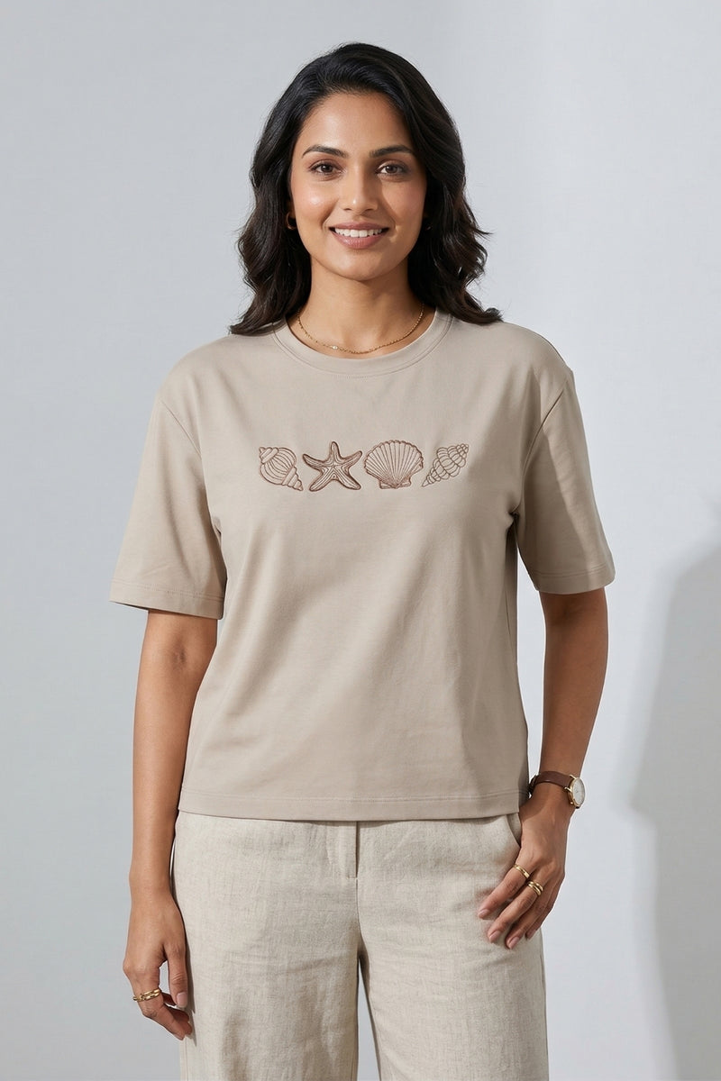 Women Minimal Embroidery Casual T-Shirt
