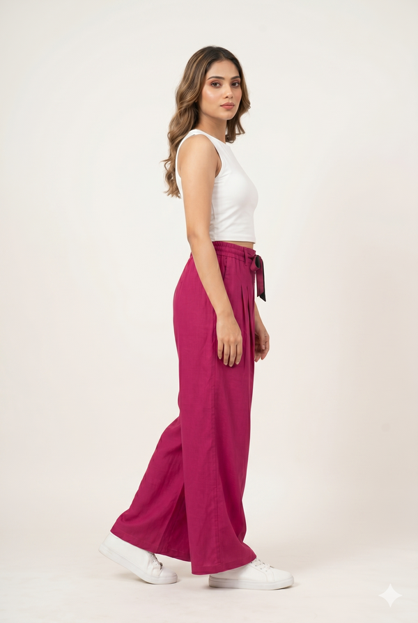 Women's Pink Wide Leg Palazzo Pants with Tie-Up Waist