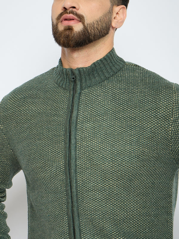 Axmann Men's Olive Green Textured Full-Zip Sweater