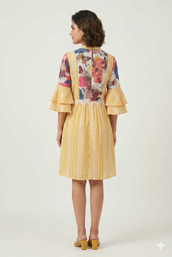 Women's Floral Patchwork Striped Shirt Dress with Bell Sleeves